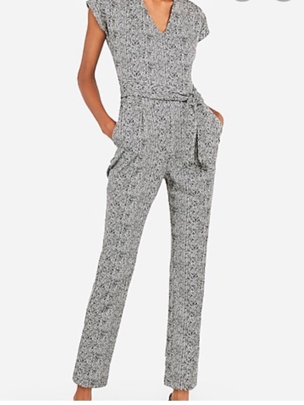 Express Gray Speckled V-Neck Tie-Waist Jumpsuit
